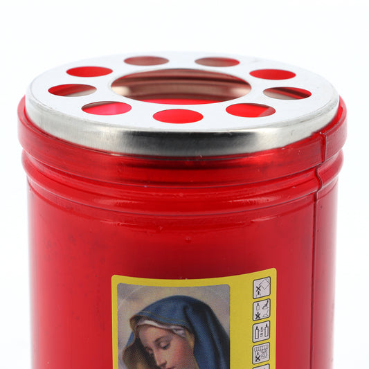 Lumino votivo in plastica rossa con immagine Madonna 6,5x10 cm. durata dalle 24 alle 30 h