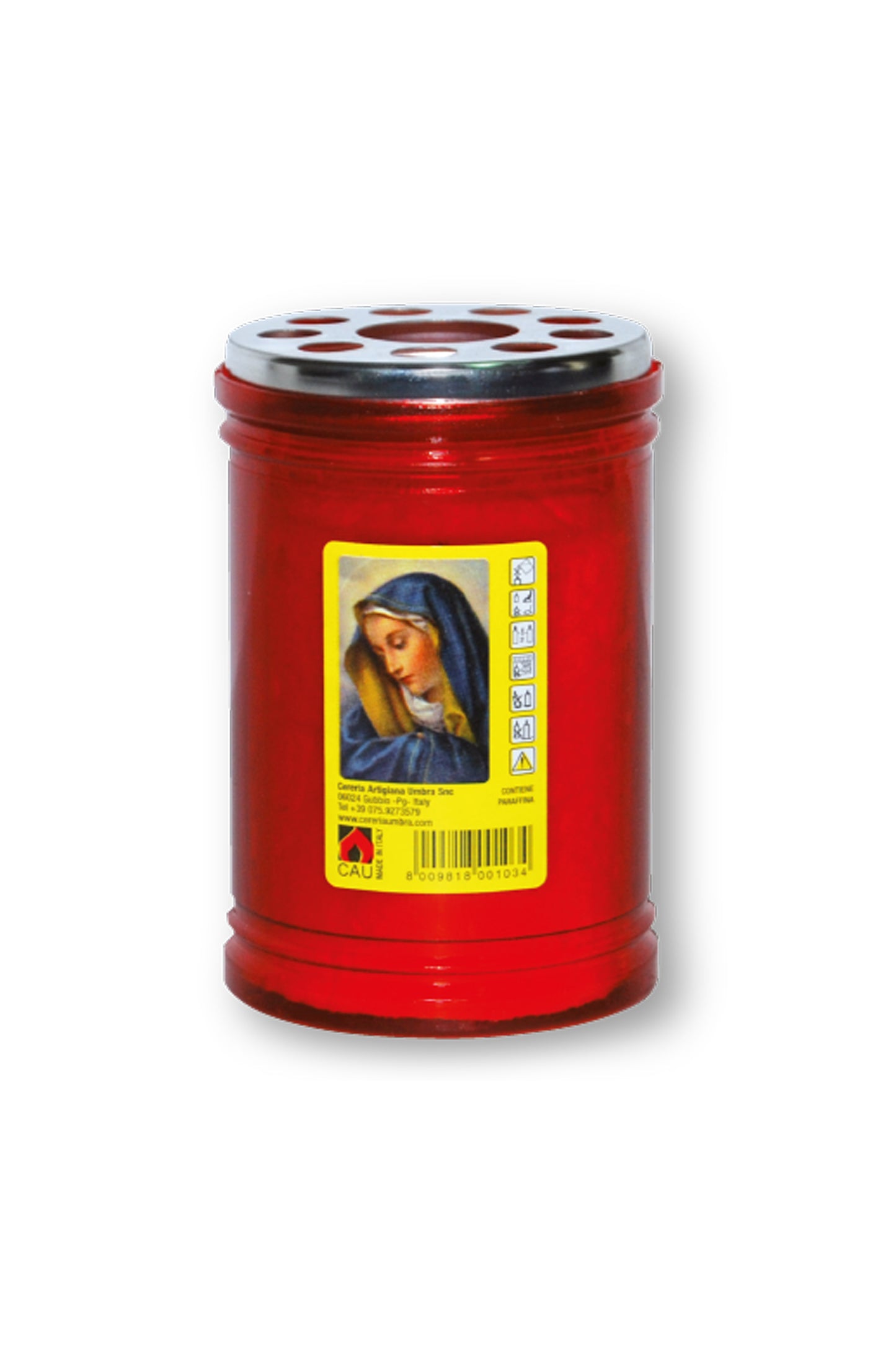 Lumino votivo in plastica rossa con immagine Madonna 6,5x10 cm. durata dalle 24 alle 30 h