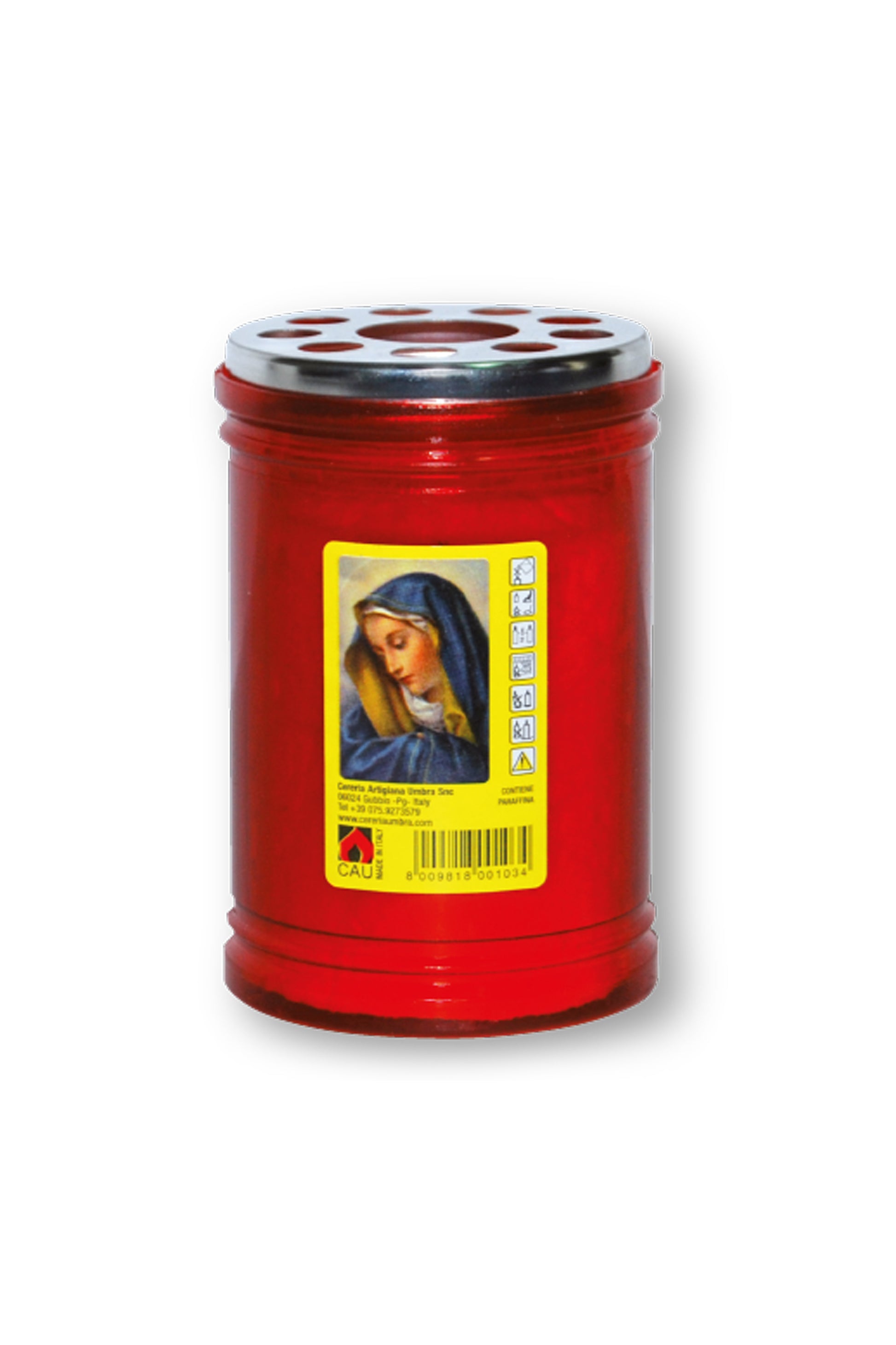 Lumino votivo in plastica rossa con immagine Madonna 6,5x10 cm. durata dalle 24 alle 30 h