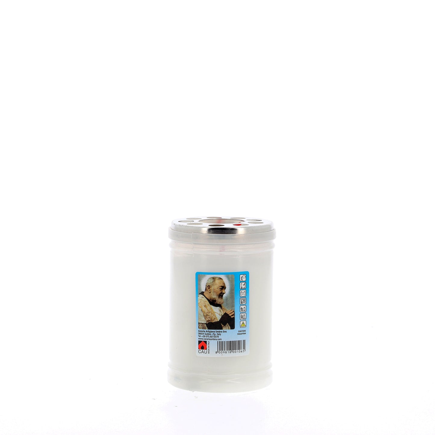 Lumino votivo in plastica bianca con immagine padre Pio 6,5x10 cm. durata dalle 24 alle 30 h