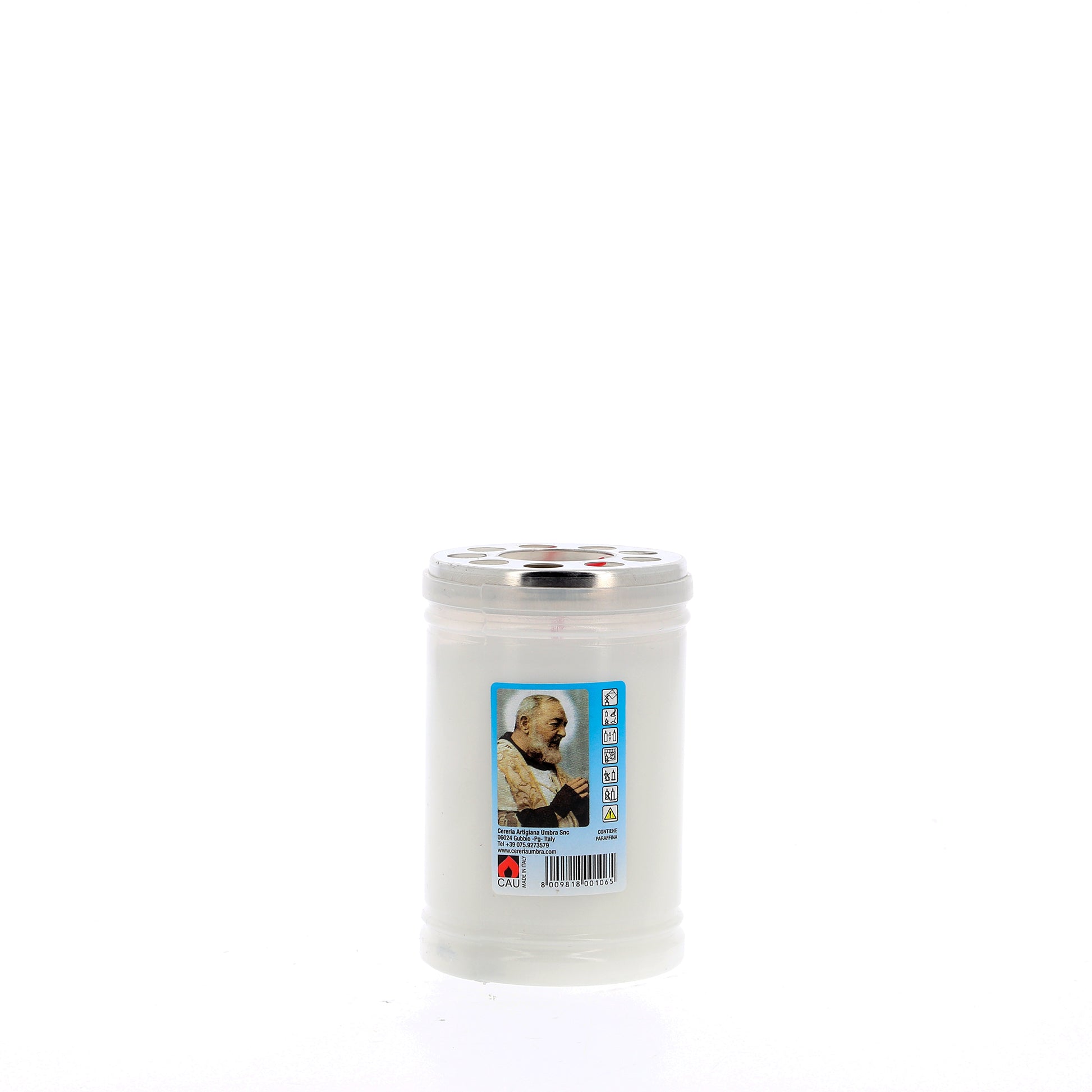 Lumino votivo in plastica bianca con immagine padre Pio 6,5x10 cm. durata dalle 24 alle 30 h