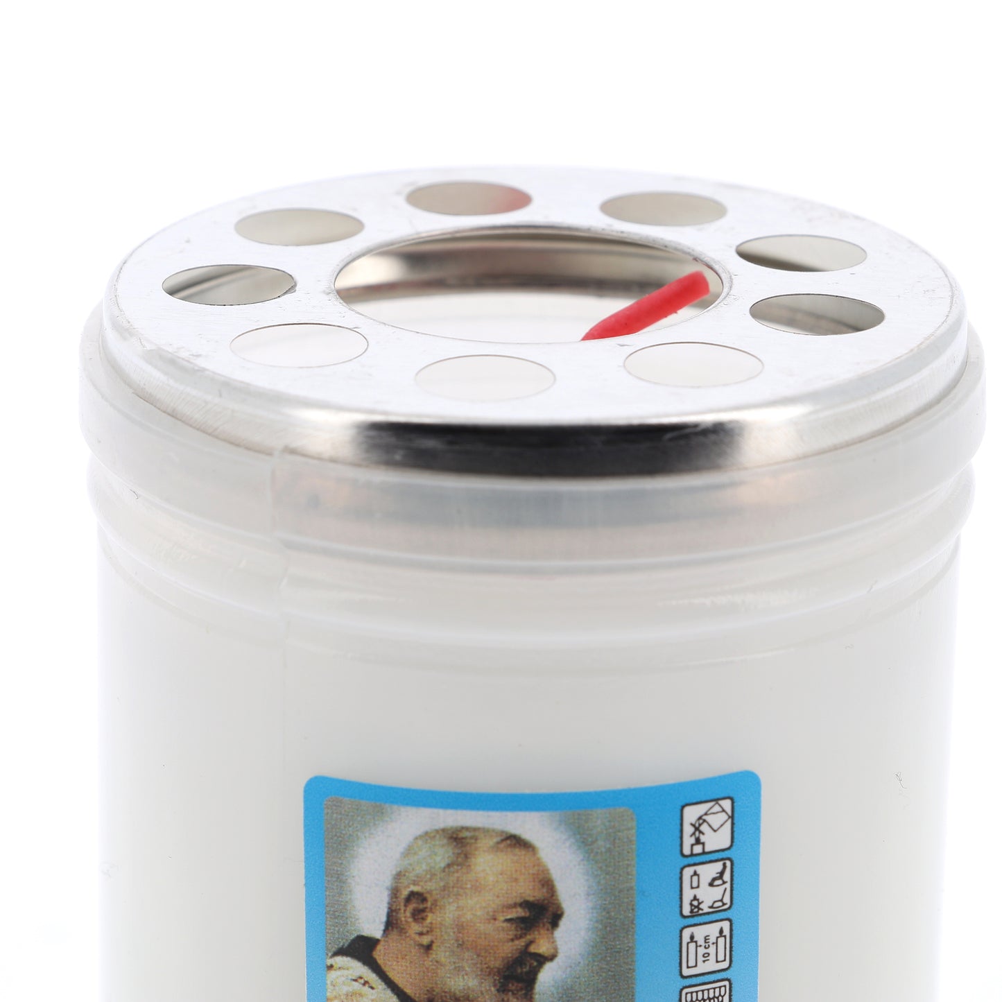 Lumino votivo in plastica bianca con immagine padre Pio 6,5x10 cm. durata dalle 24 alle 30 h