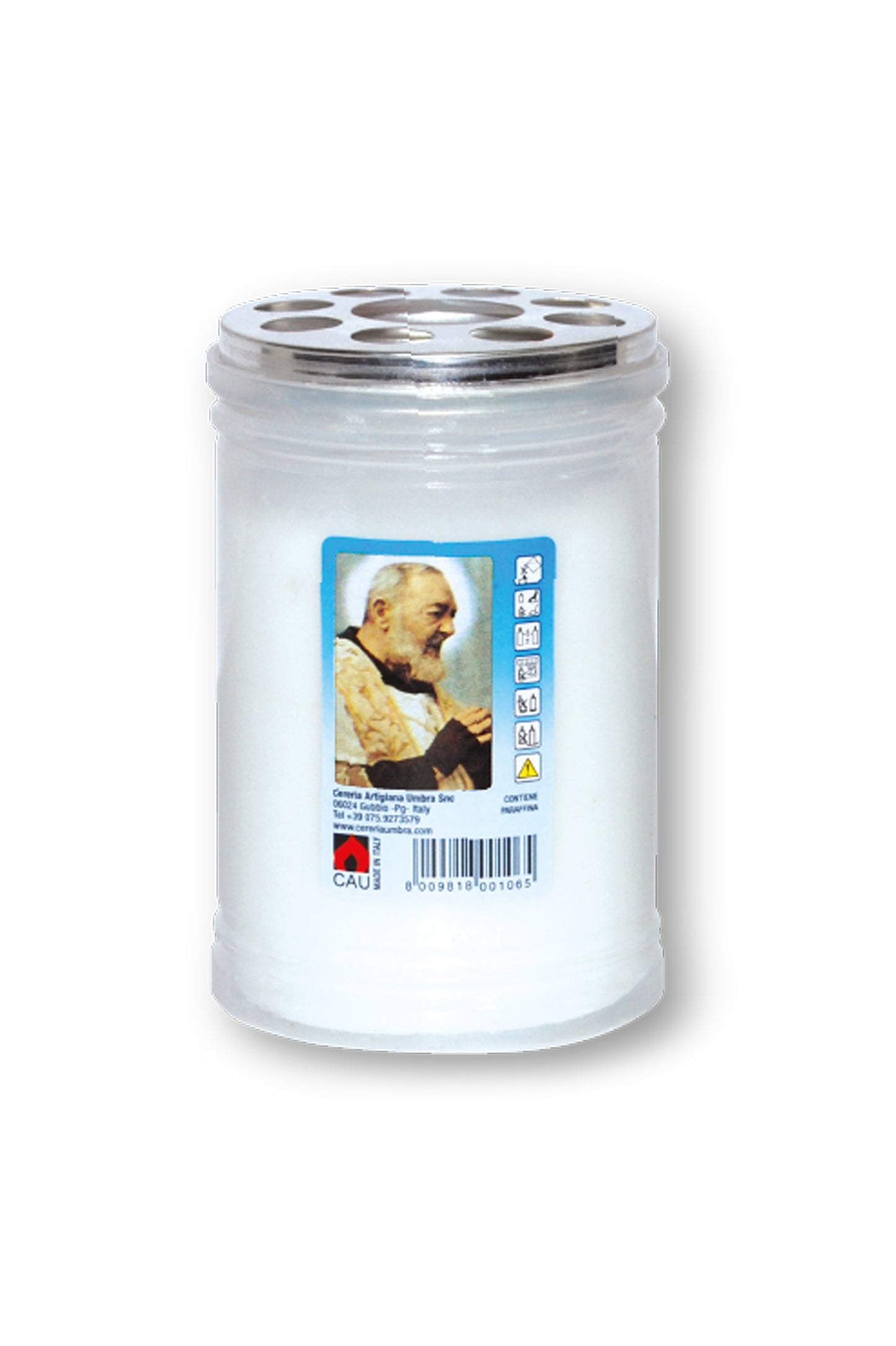 Lumino votivo in plastica bianca con immagine padre Pio 6,5x10 cm. durata dalle 24 alle 30 h
