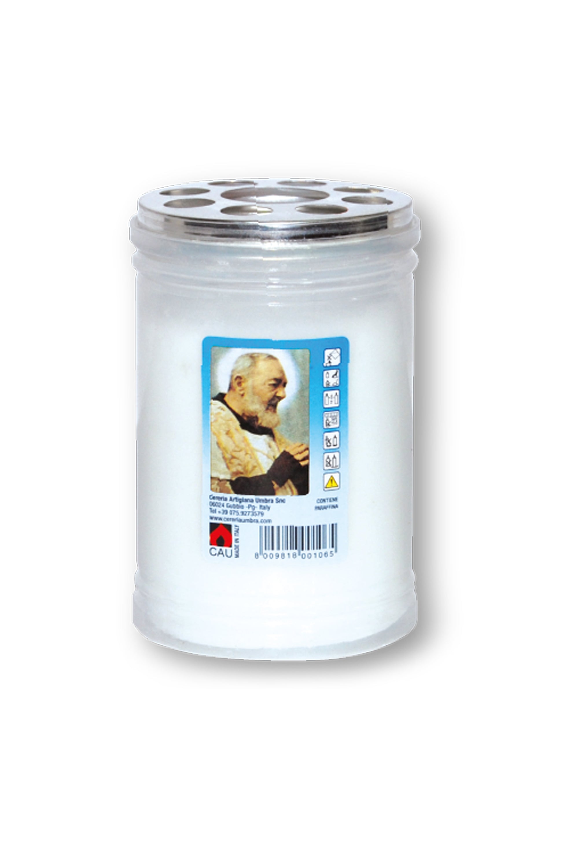 Lumino votivo in plastica bianca con immagine padre Pio 6,5x10 cm. durata dalle 24 alle 30 h