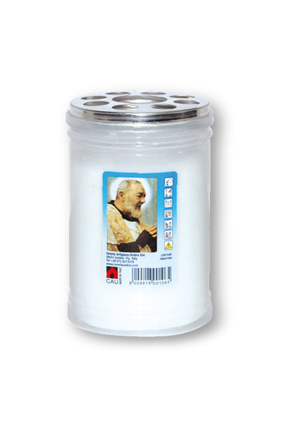 Lumino votivo in plastica bianca con immagine padre Pio 6,5x10 cm. durata dalle 24 alle 30 h