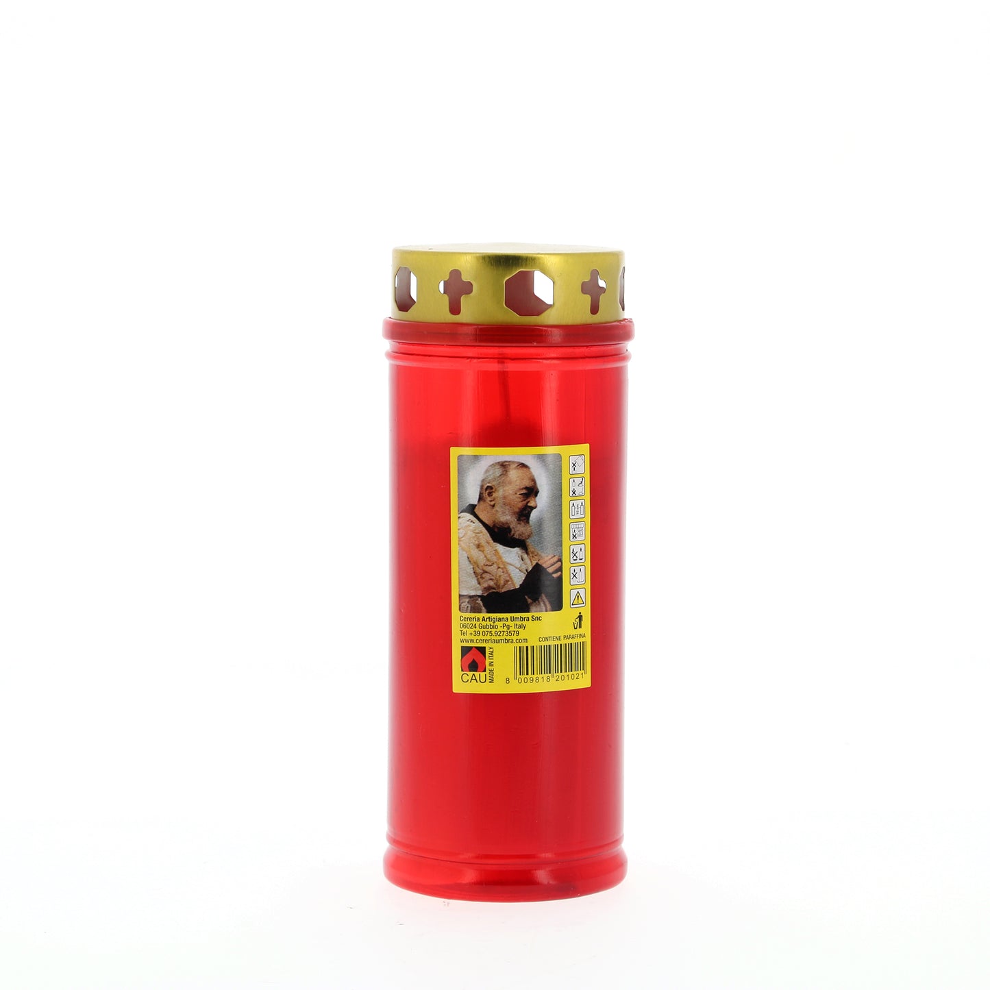 Lumino votivo in plastica rossa con parapioggia e immagine padre Pio 6,5x17,5 cm. durata dalle 36 alle 42 h
