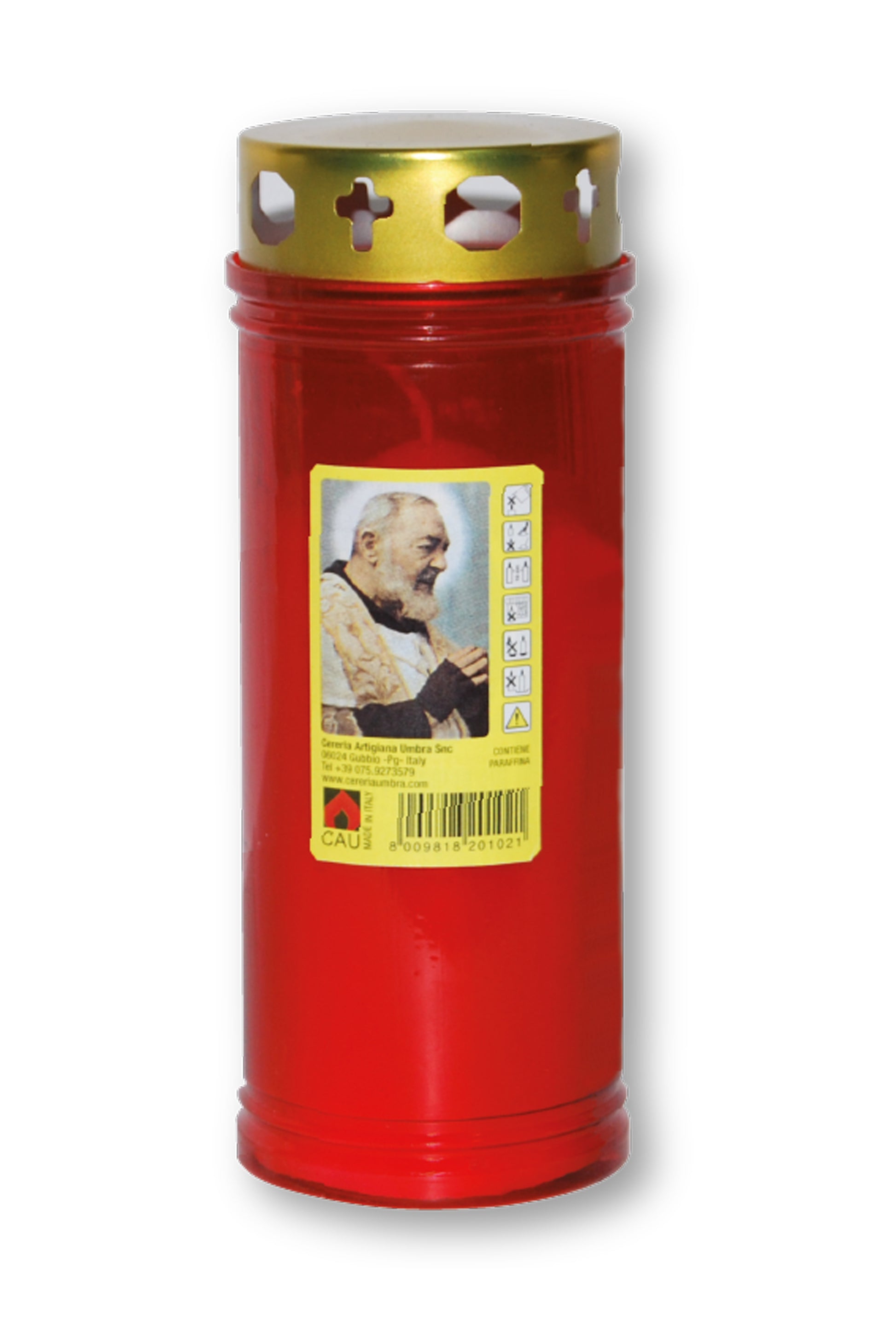 Lumino votivo in plastica rossa con parapioggia e immagine padre Pio 6,5x17,5 cm. durata dalle 36 alle 42 h