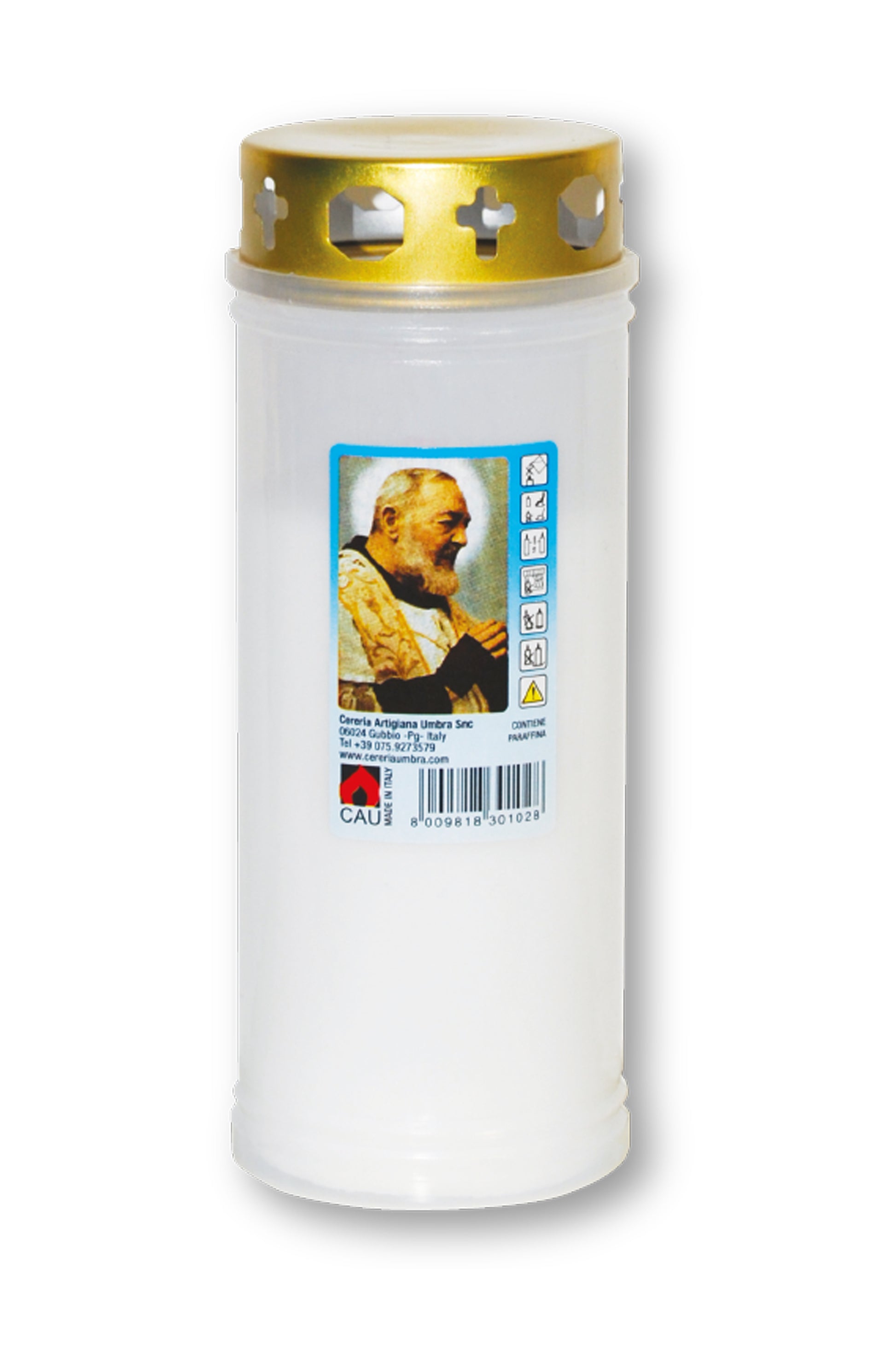 Lumino votivo in plastica bianca con parapioggia e immagine padre Pio 6,5x17,5 cm. durata dalle 36 alle 42 h