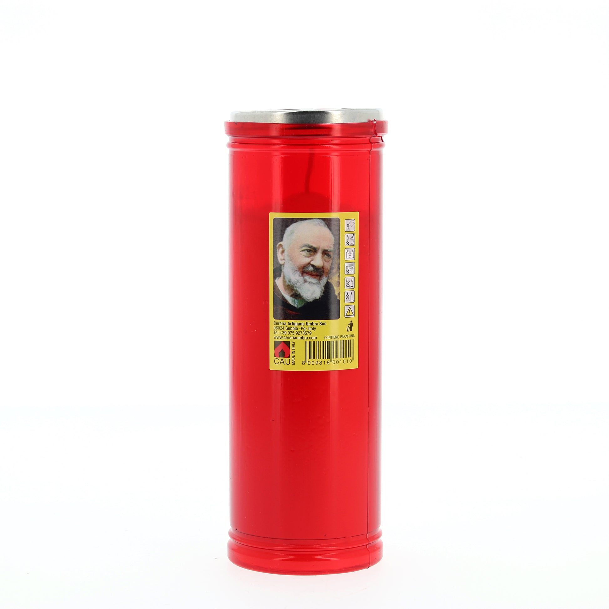 Lumino votivo in plastica rossa e immagine padre Pio 6,5x19 cm. durata dalle 48 alle 56 h