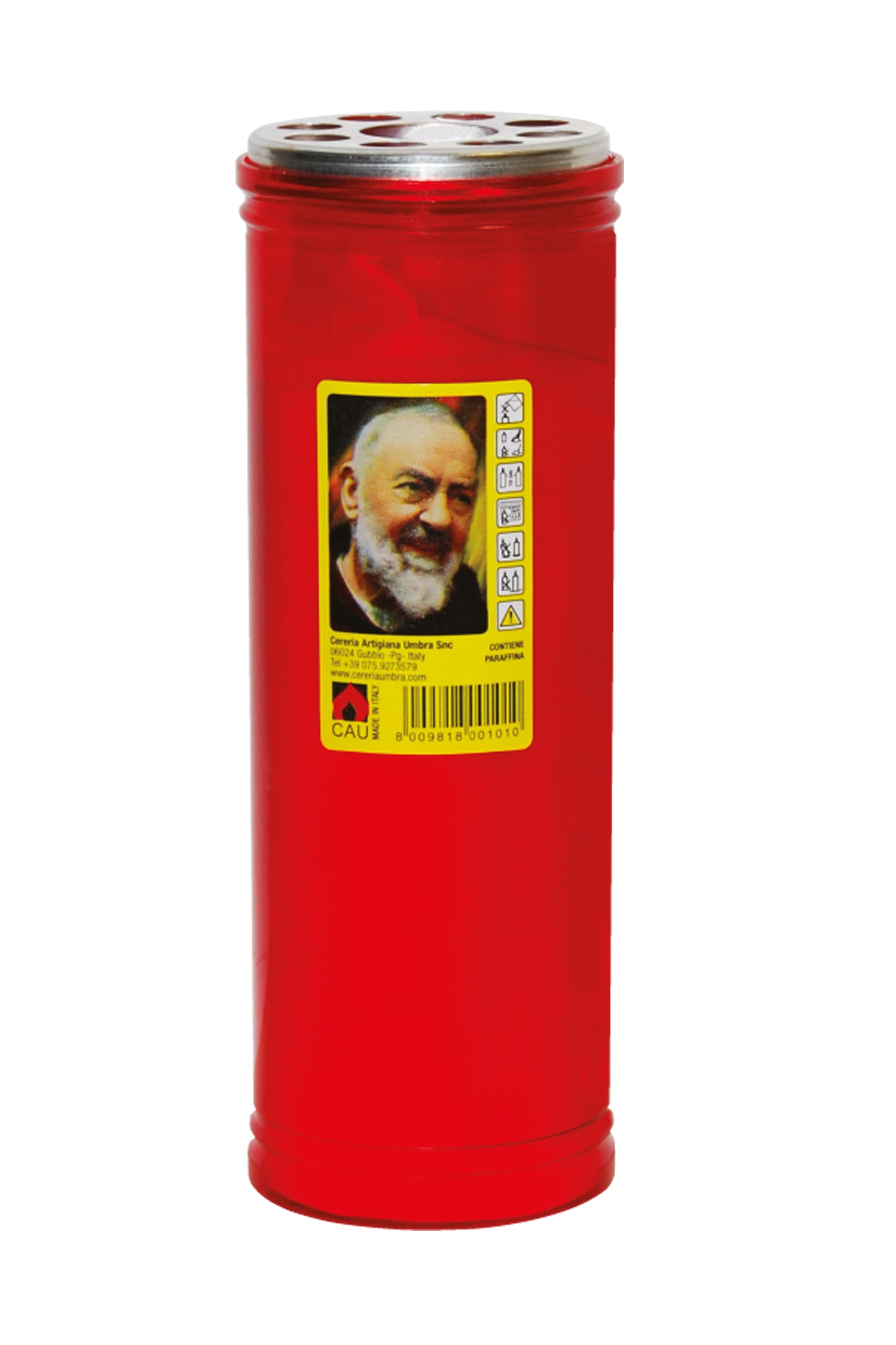 Lumino votivo in plastica rossa e immagine padre Pio 6,5x19 cm. durata dalle 48 alle 56 h