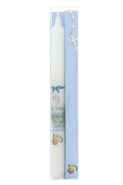Ricordino Battesimo - Confezione con candela e corona del rosario - Bambino. Lunghezza 26 cm