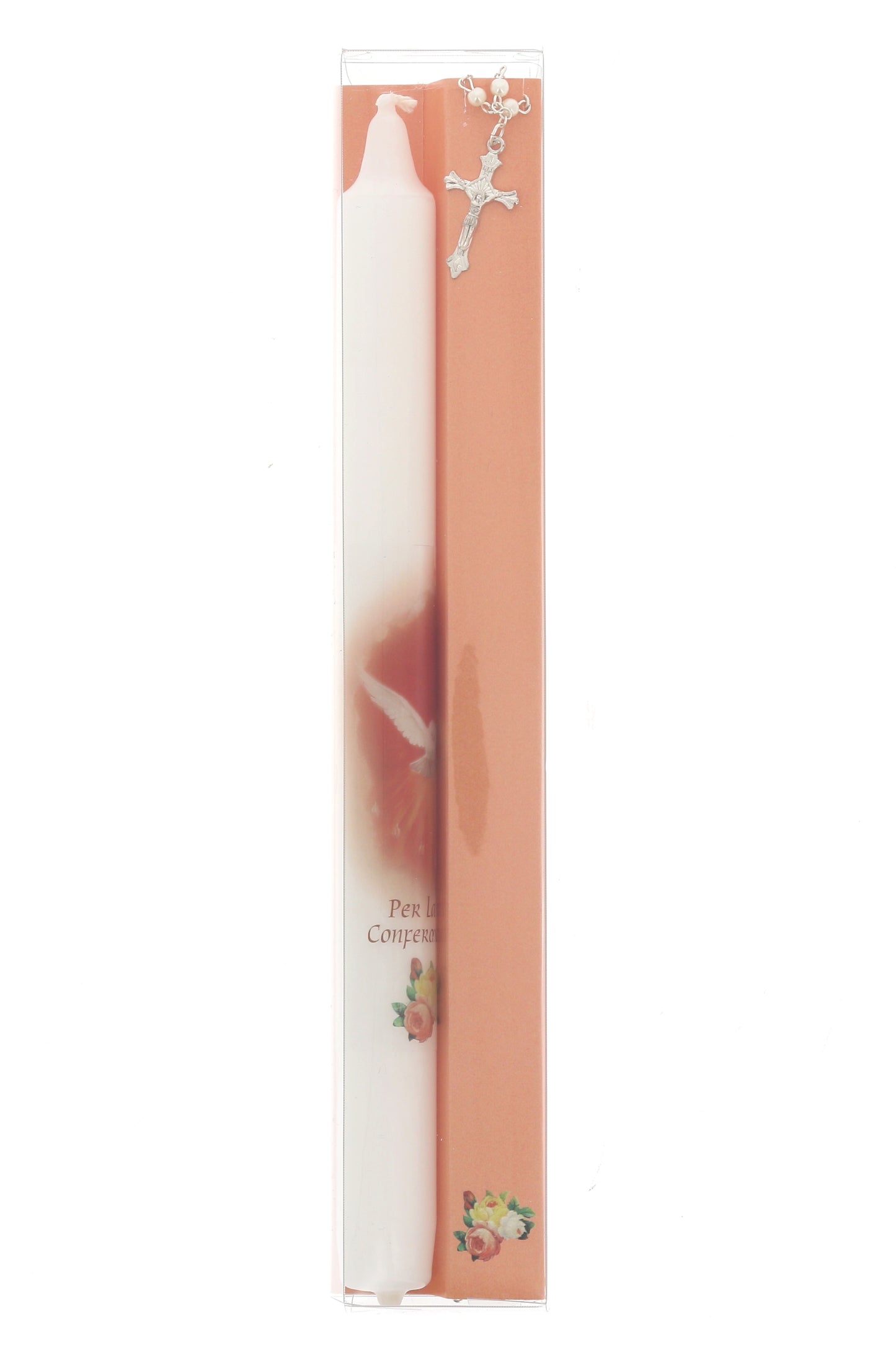 Ricordino Cresima - Confezione con candela e corona del rosario. Lunghezza 26 cm