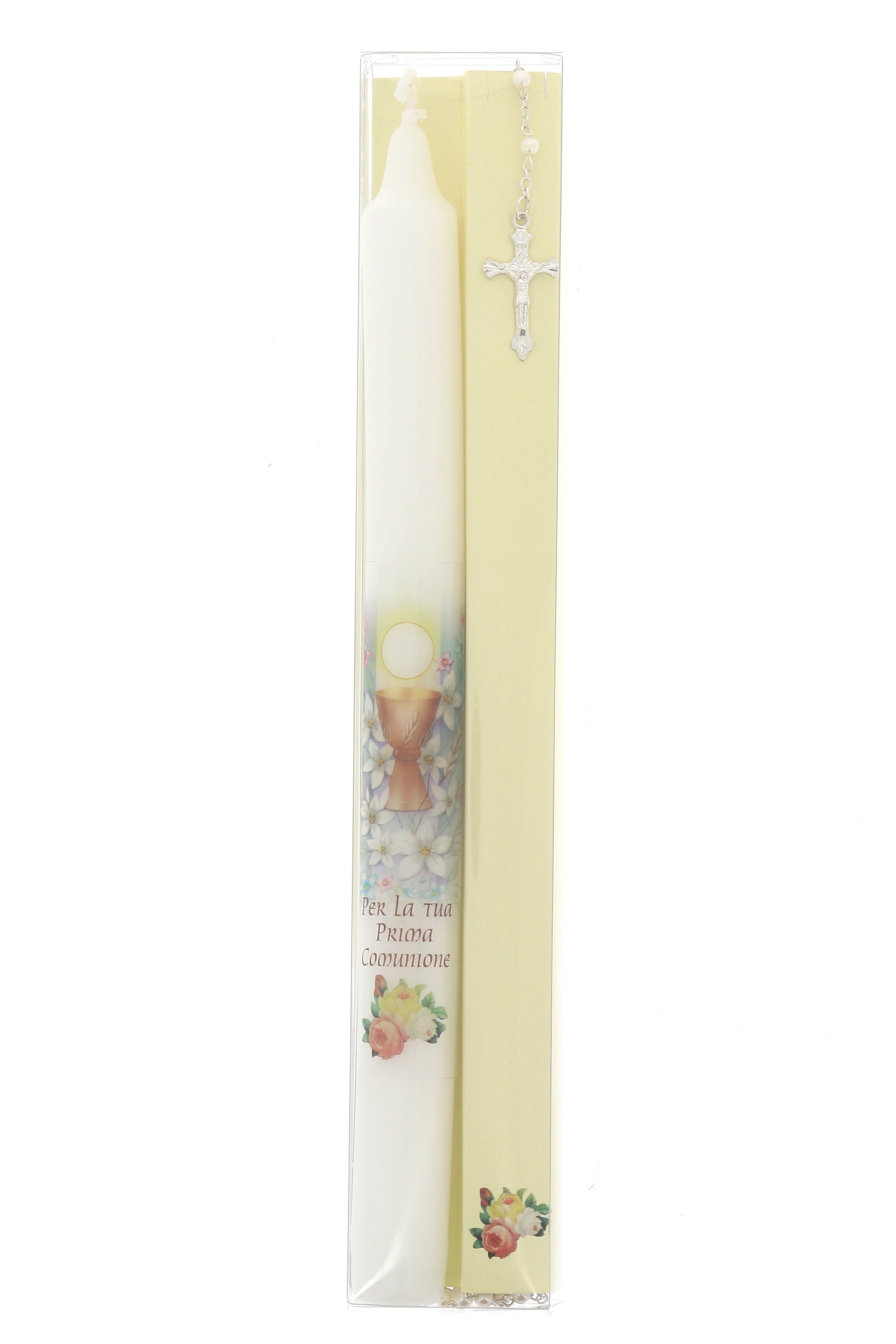 Ricordino Comunione - Confezione con candela e corona del rosario. Lunghezza 26 cm