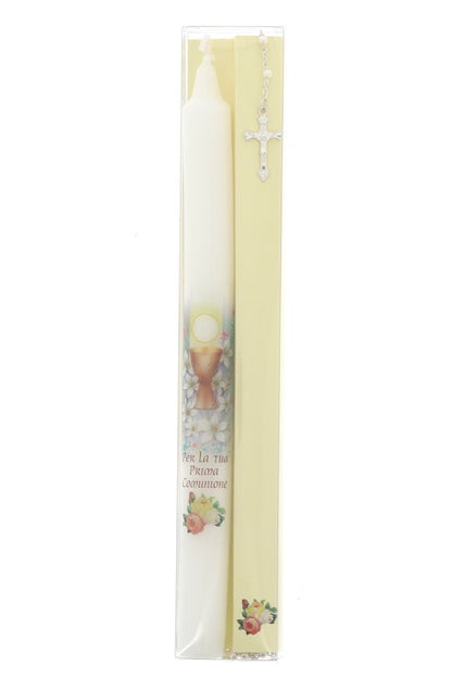 Ricordino Comunione - Confezione con candela e corona del rosario. Lunghezza 26 cm