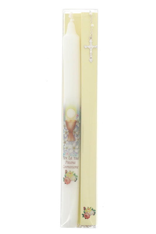 Ricordino Comunione - Confezione con candela e corona del rosario. Lunghezza 26 cm