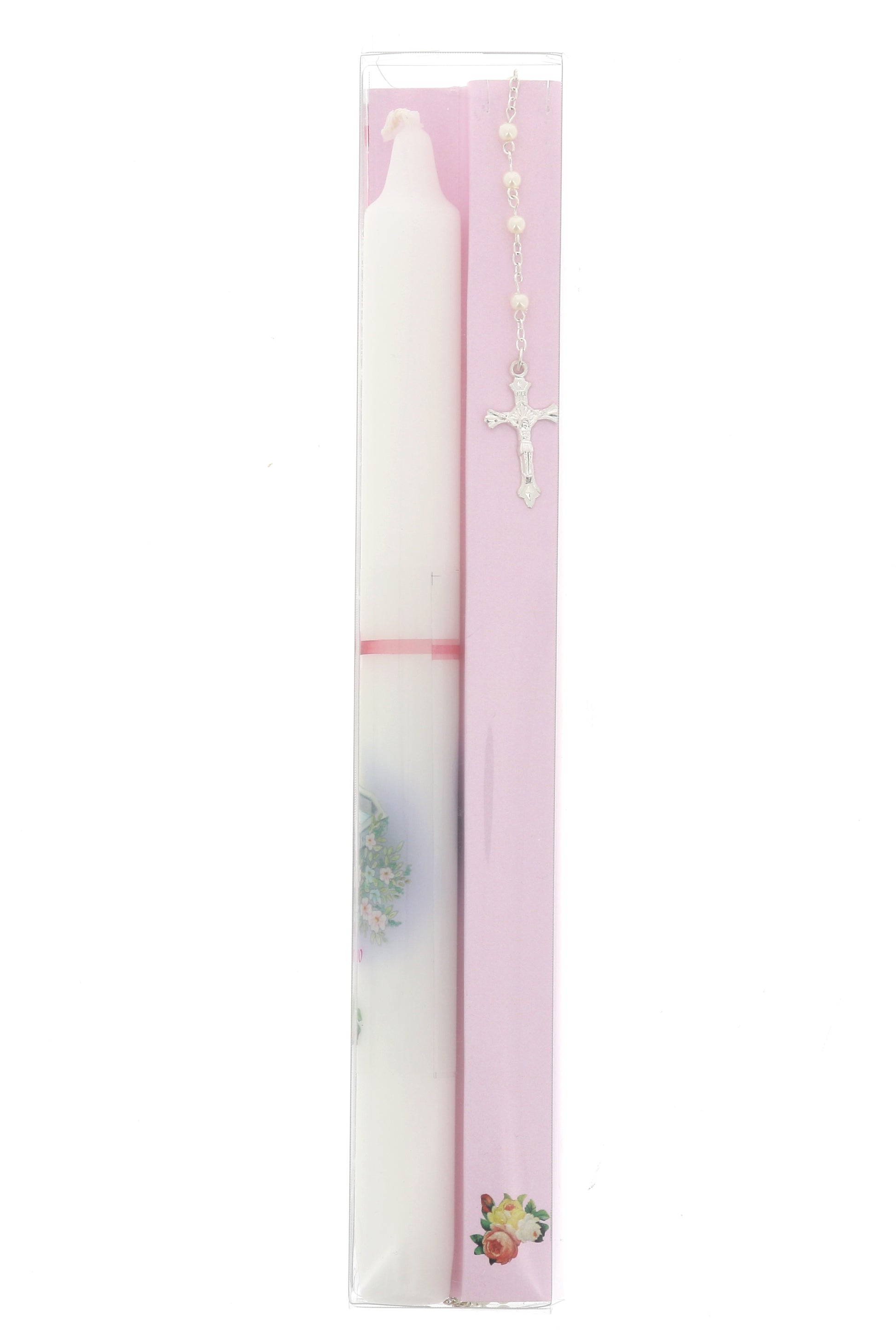 Ricordino Battesimo - Confezione con candela e corona del rosario - Bambina. Lunghezza 26 cm