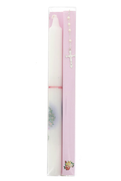 Ricordino Battesimo - Confezione con candela e corona del rosario - Bambina. Lunghezza 26 cm