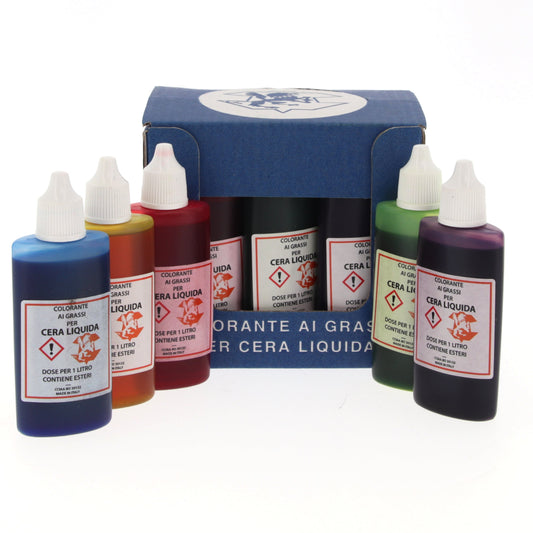 Confezione 12 bottiglie di colorante per cera liquida. Colori assortiti. 30 ml