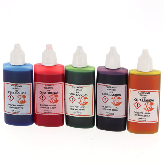 Confezione 12 bottiglie di colorante per cera liquida. Colori assortiti. 30 ml