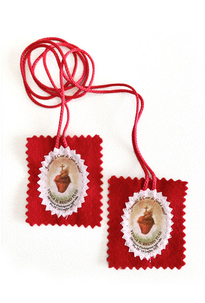 Scapolare Scudo del Sacro Cuore di Gesu' in tessuto rosso cm 7x5,5