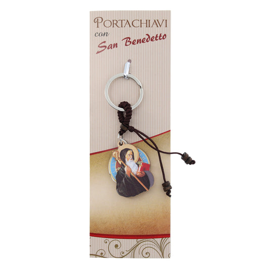 Portachiavi di San Benedetto, in legno, con confezione. H. 9,5 cm