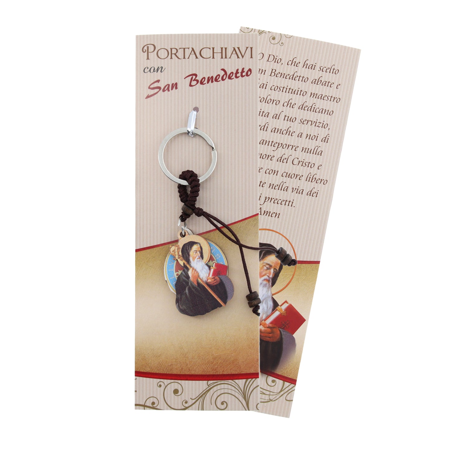 Portachiavi di San Benedetto, in legno, con confezione. H. 9,5 cm
