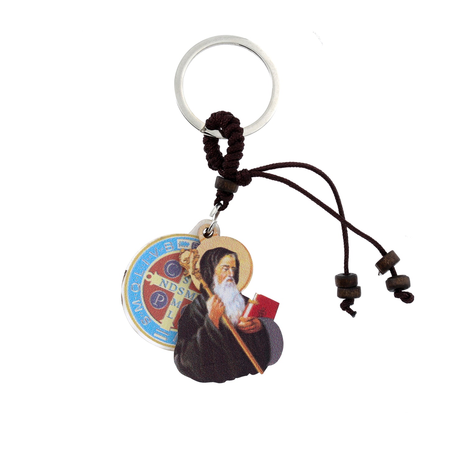 Portachiavi di San Benedetto, in legno, con confezione. H. 9,5 cm