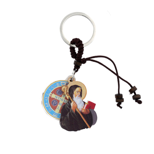 Portachiavi di San Benedetto, in legno, con confezione. H. 9,5 cm