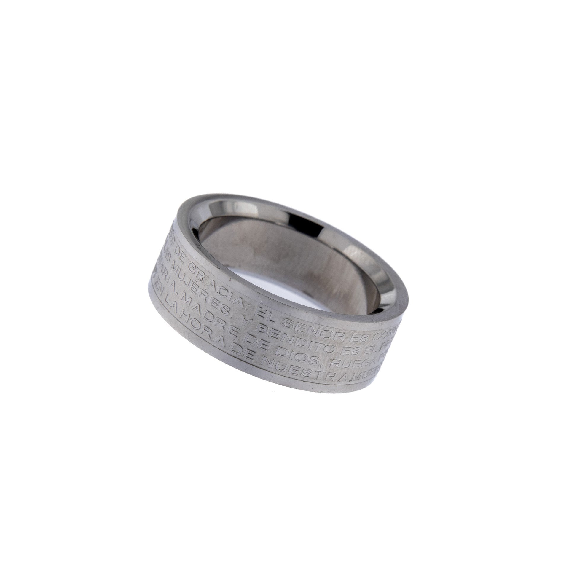 Anello in acciaio con preghiera "Ave Maria" in lingua spagnola