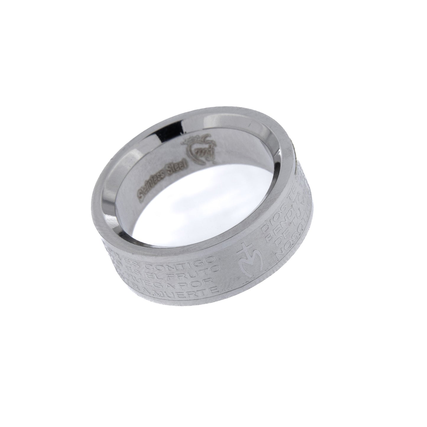 Anello in acciaio con preghiera "Ave Maria" in lingua spagnola