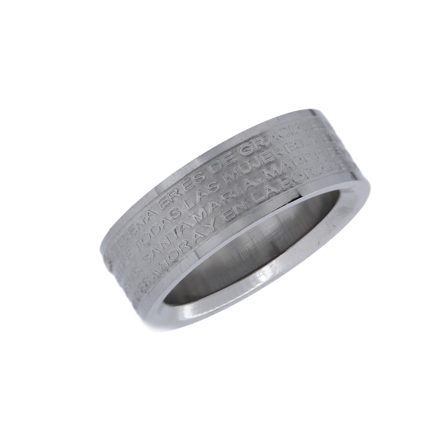 Anello in acciaio con preghiera "Ave Maria" in lingua spagnola