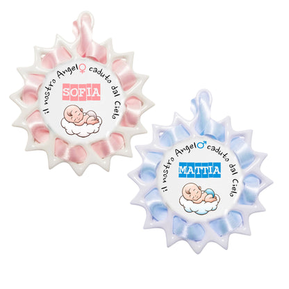 Capoculla in ceramica da personalizzare, con nastrino abbinato. Diametro 8,5 cm