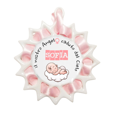 Capoculla in ceramica da personalizzare, con nastrino abbinato. Diametro 8,5 cm
