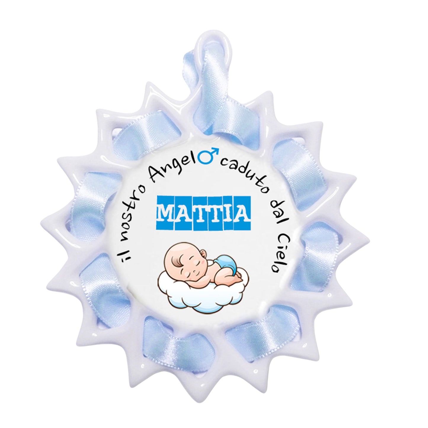 Capoculla in ceramica da personalizzare, con nastrino abbinato. Diametro 8,5 cm
