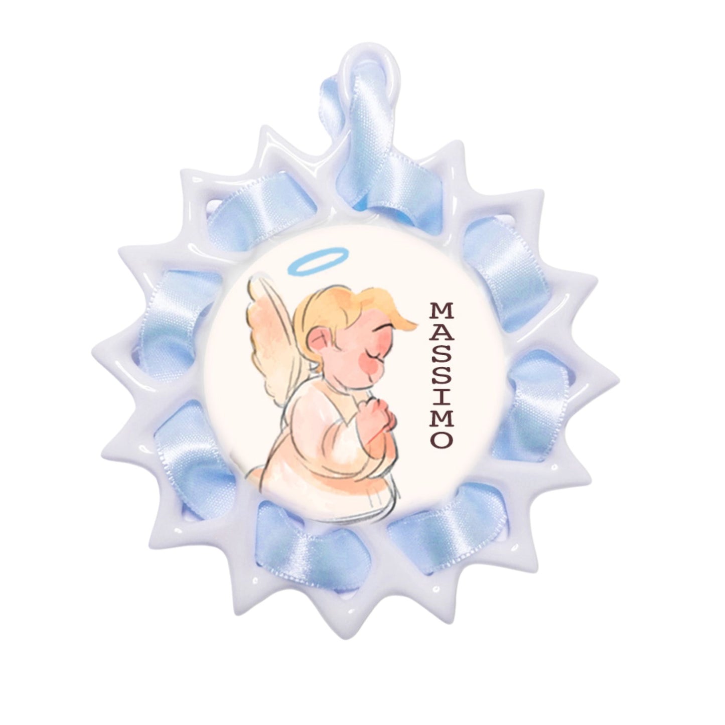 Capoculla in ceramica da personalizzare, con nastrino abbinato. Diametro 8,5 cm
