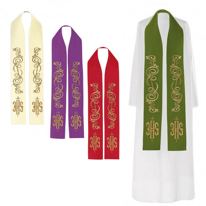 Stola sacerdotale con ricamo JHS dorato e motivo floreale