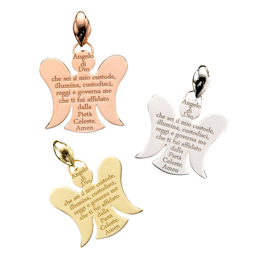 Ciondolo Angelo Custodi in argento 925 rodiato con preghiera incisa "Angelo di Dio"