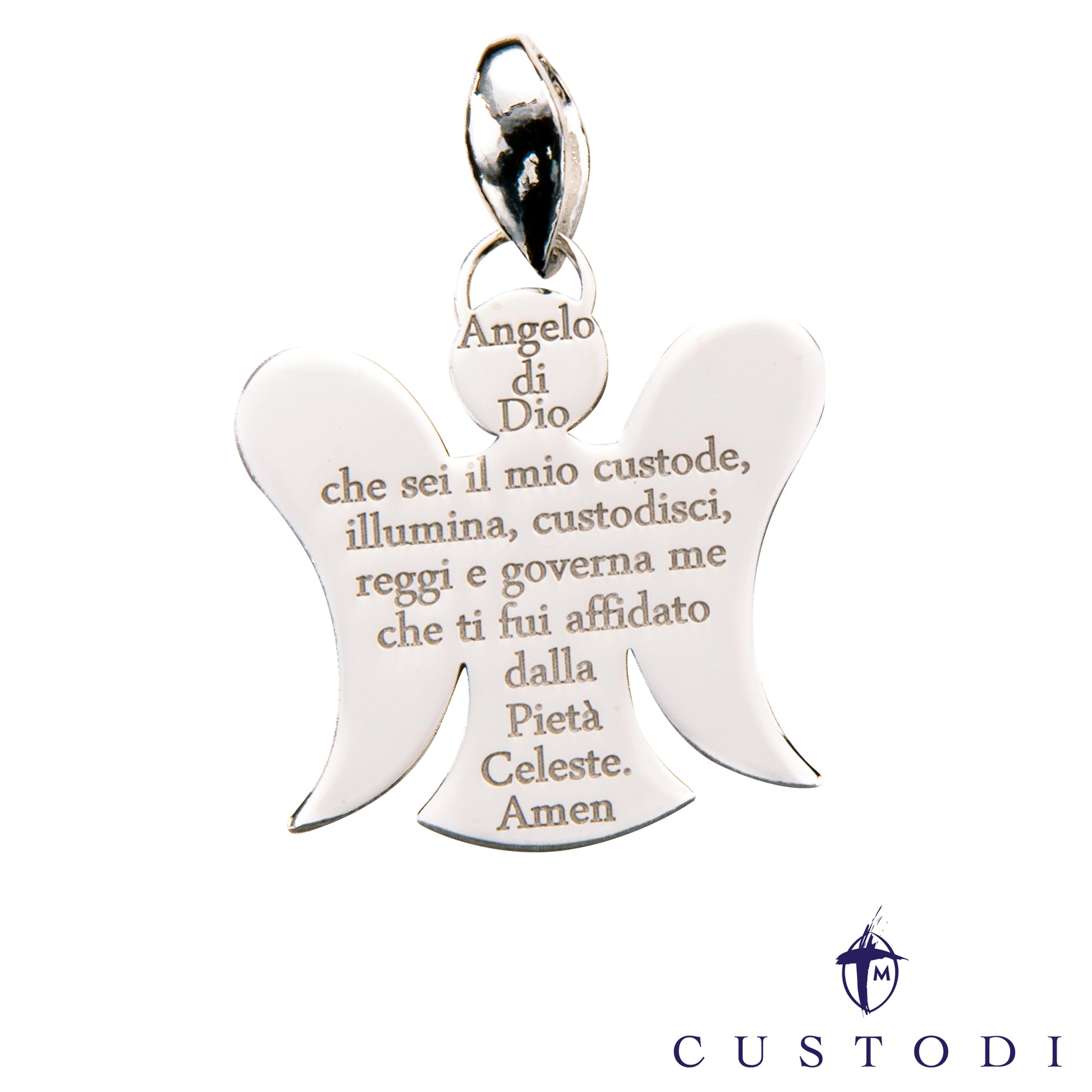 Ciondolo Angelo Custodi in argento 925 rodiato con preghiera incisa "Angelo di Dio"