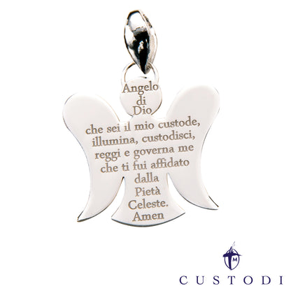 Ciondolo Angelo Custodi in argento 925 rodiato con preghiera incisa "Angelo di Dio"