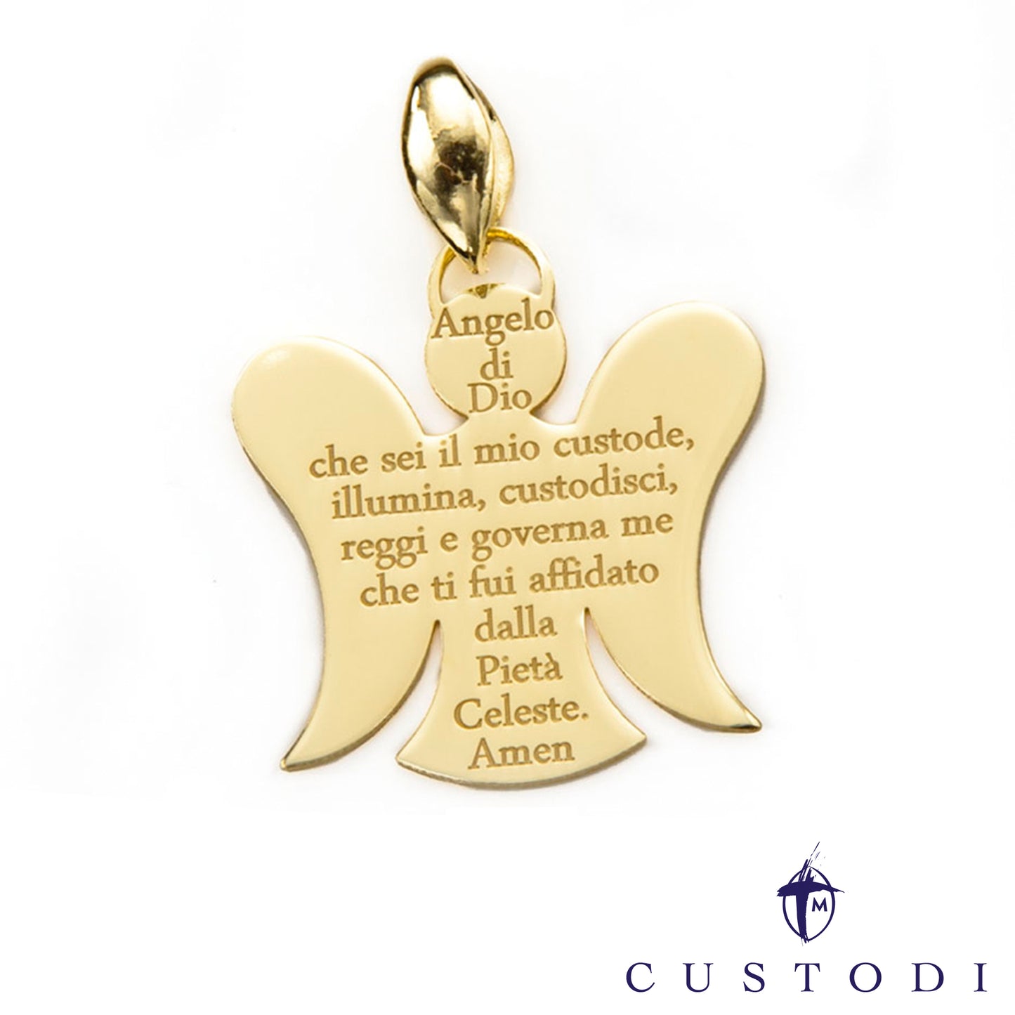 Ciondolo Angelo Custodi in argento 925 rodiato con preghiera incisa "Angelo di Dio"