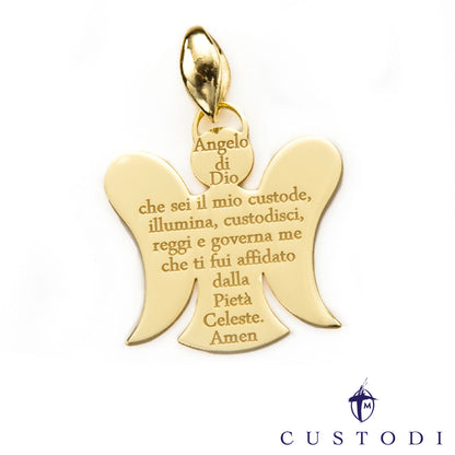 Ciondolo Angelo Custodi in argento 925 rodiato con preghiera incisa "Angelo di Dio"