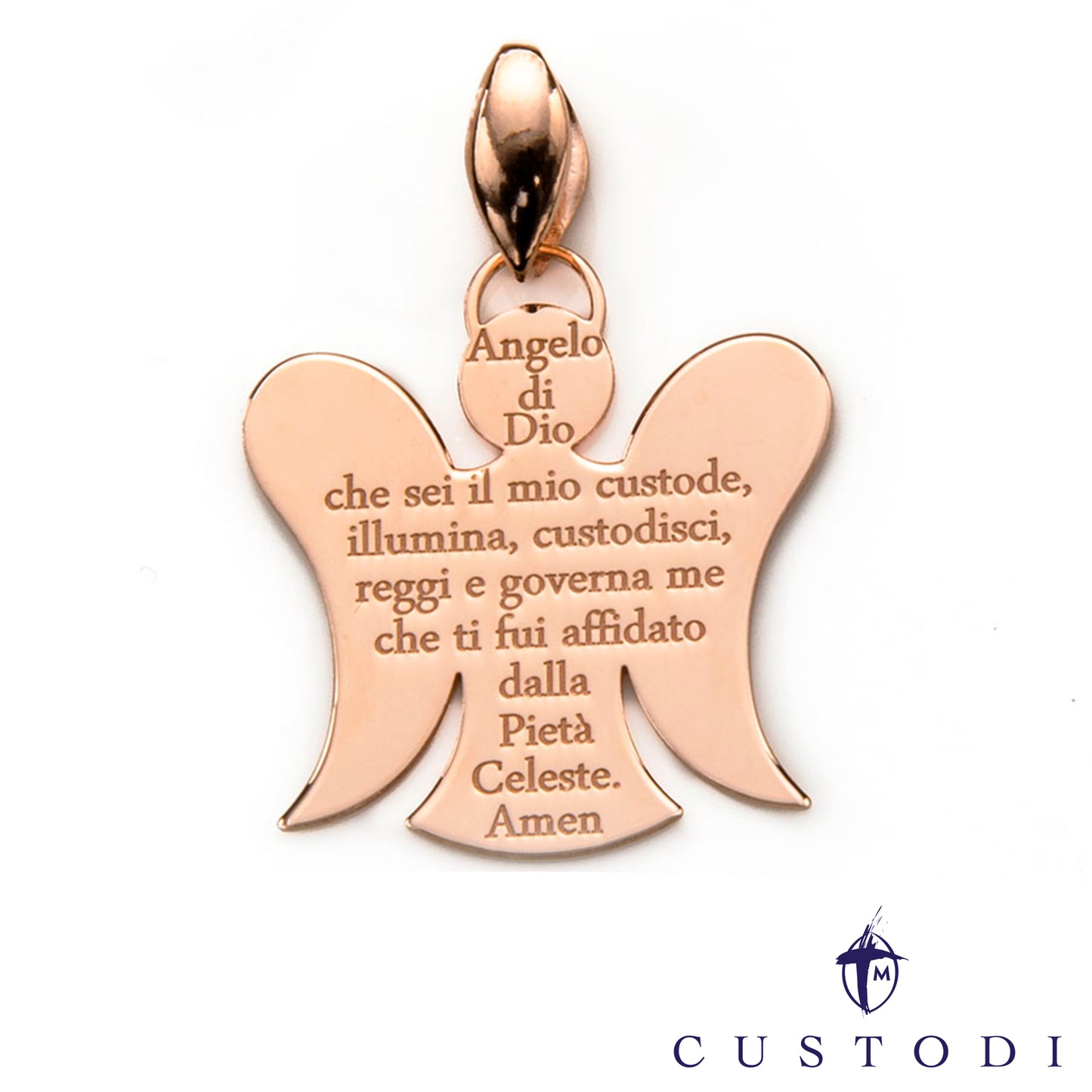 Ciondolo Angelo Custodi in argento 925 rodiato con preghiera incisa "Angelo di Dio"