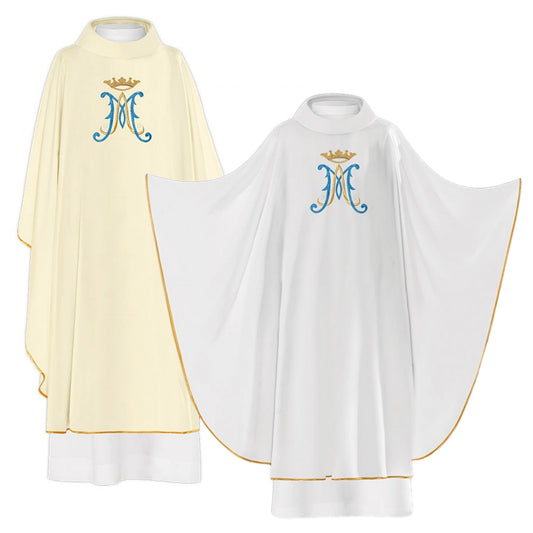 Casula mariana con ricamo M di Maria, azzurro e oro. Poliestere