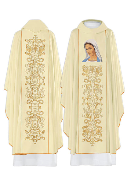 Casula mariana con ricamo Volto Madonna Immacolata. Misto poliestere