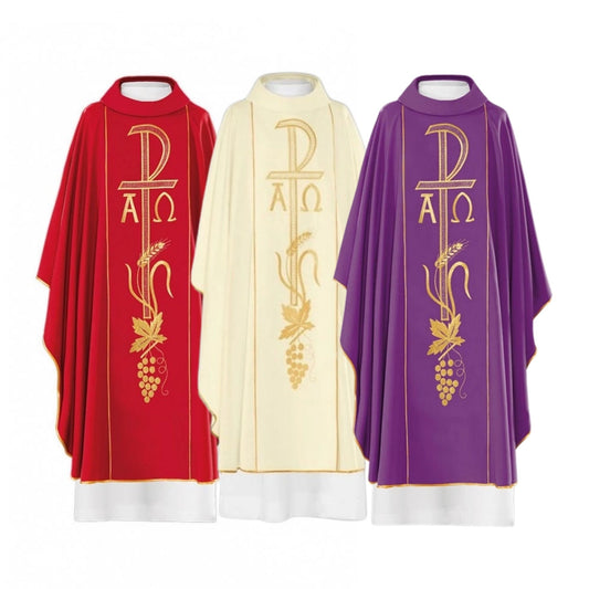 Casula ricamata con simbolo Pax e Alfa e Omega. Misto poliestere
