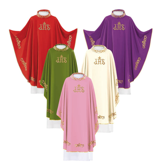 Casula ricamata con Simbolo Jhs e decorazioni oro. Misto poliestere