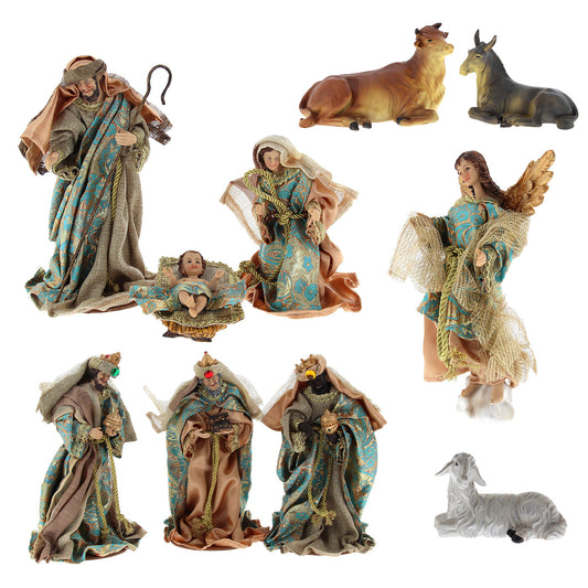 Set presepe composto da 10 soggetti in resina. Altezza 25 cm