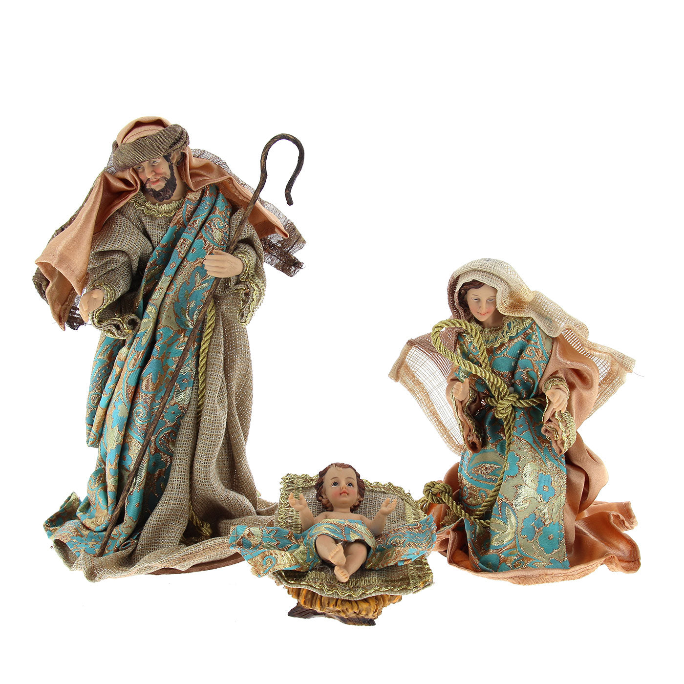 Set presepe composto da 10 soggetti in resina. Altezza 25 cm