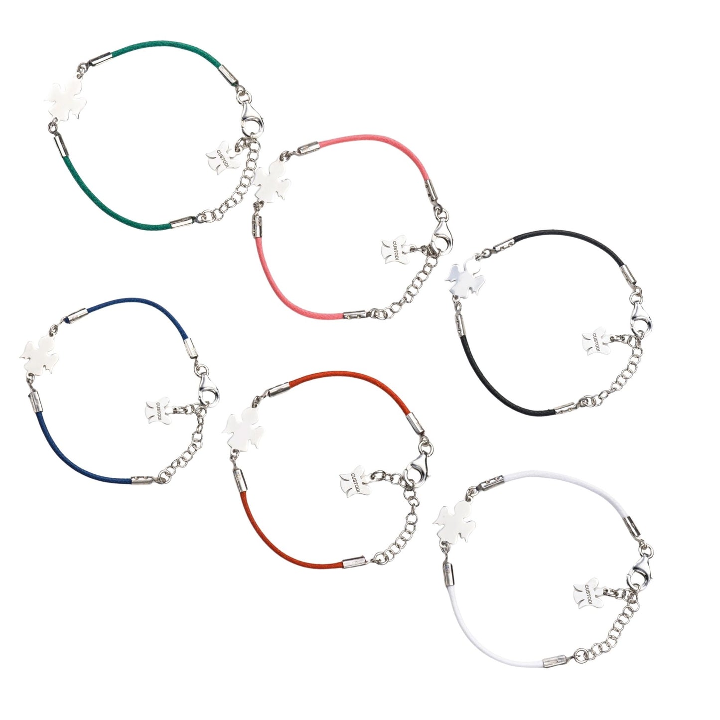 Bracciale bimbo in corda cerata e Angelo in argento 925 rodiato. Lunghezza 13+3 cm
