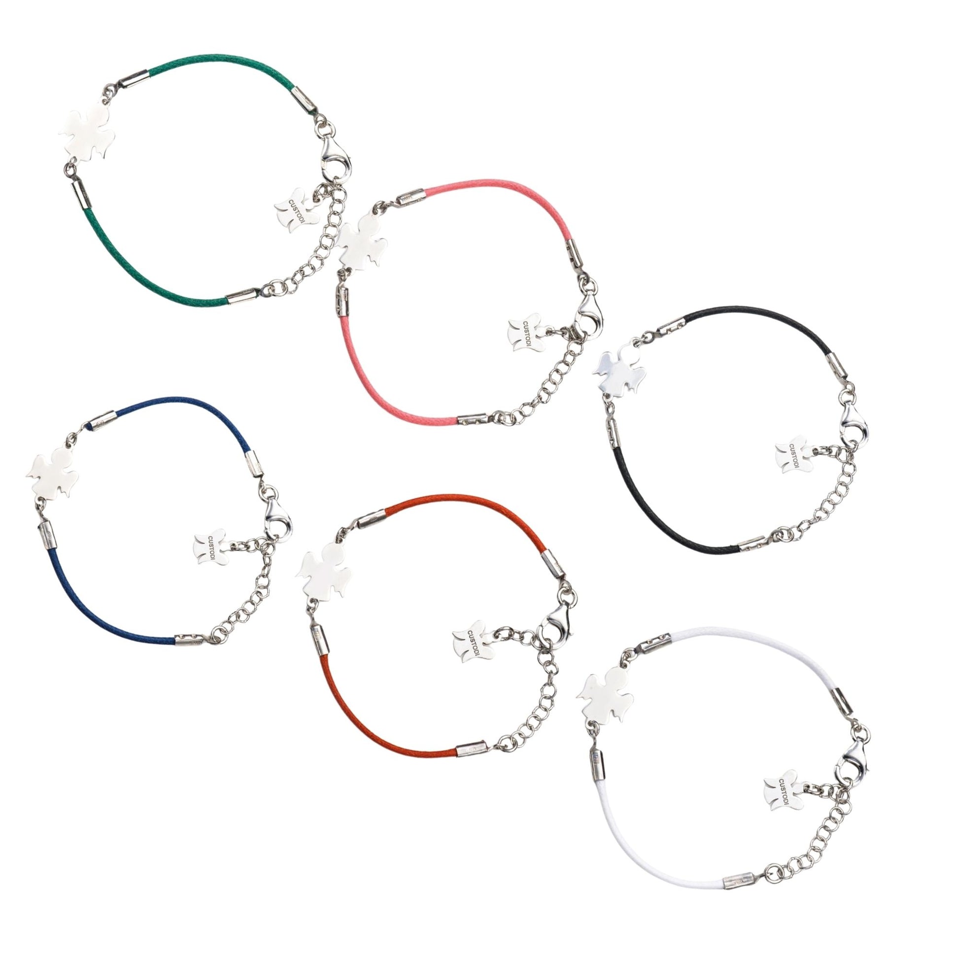 Bracciale bimbo in corda cerata e Angelo in argento 925 rodiato. Lunghezza 13+3 cm
